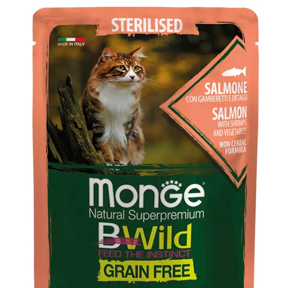 Monge Cat Bwild Sterilised 85 г (лосось с креветками и овощами) - беззерновые консервы (пауч) для стерилизованных кошек