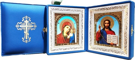 Складень малый синий: кожа, тиснение с золотой фольгой, стекло (17х15х5) (Кожемяка)