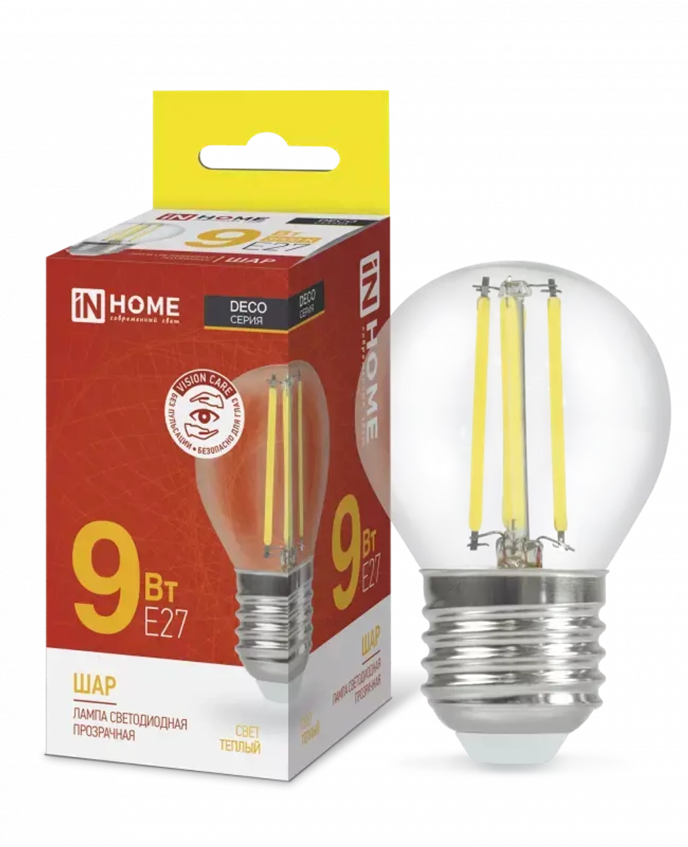 Лампа светодиодная LED-ШАР-deco 9Вт 230В Е27 3000К ТЕПЛЫЙ 1040Лм прозрачная IN HOME