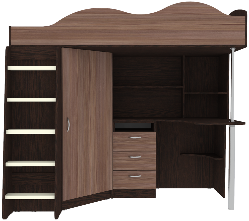 Кровать-чердак КарИВи Пионер с деревянной лестницей Венге Бодего Темный