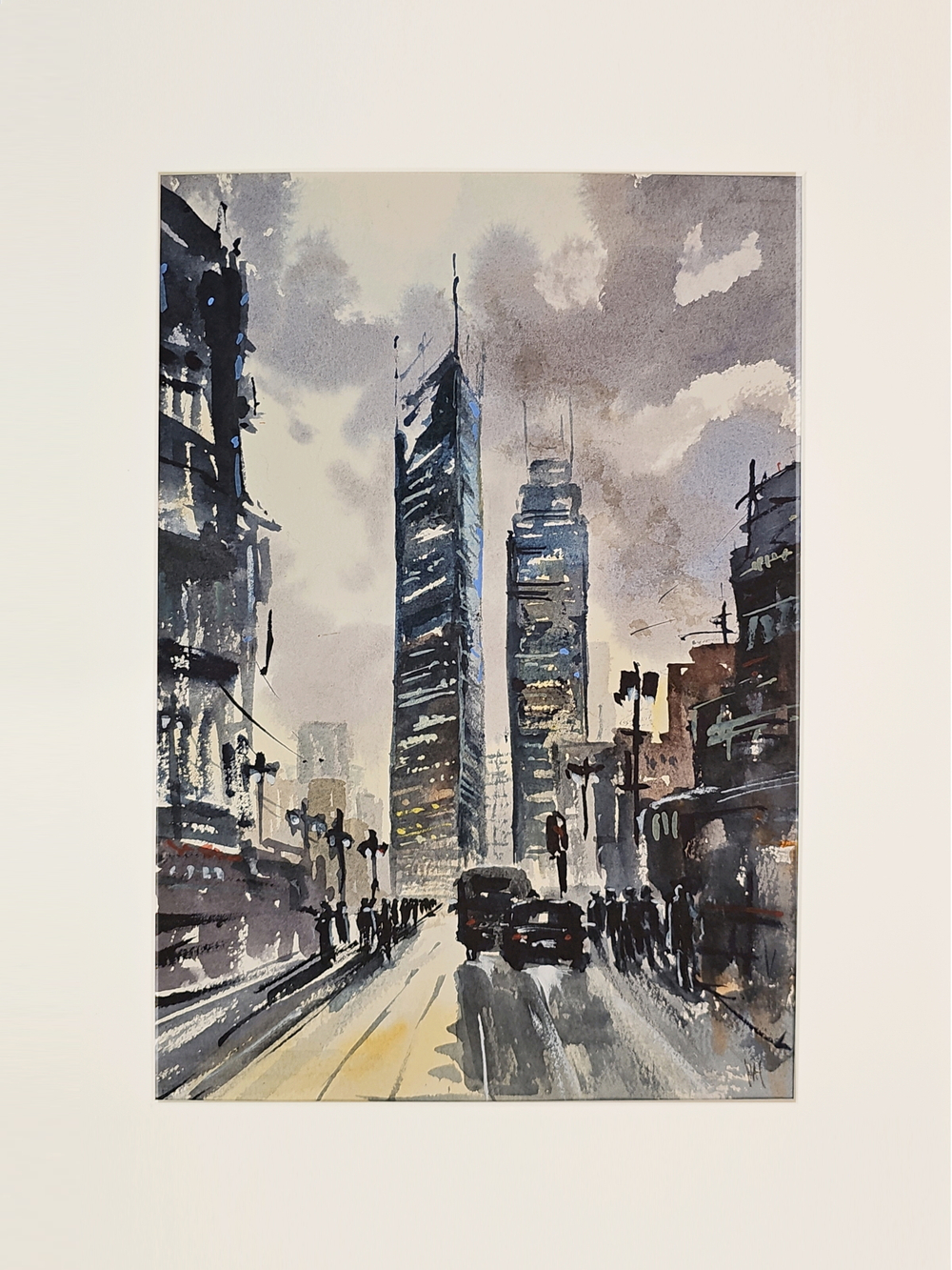 Картина авторская акварельная в паспарту 30х40 см на стену для интерьера "Урбанистический пейзаж"