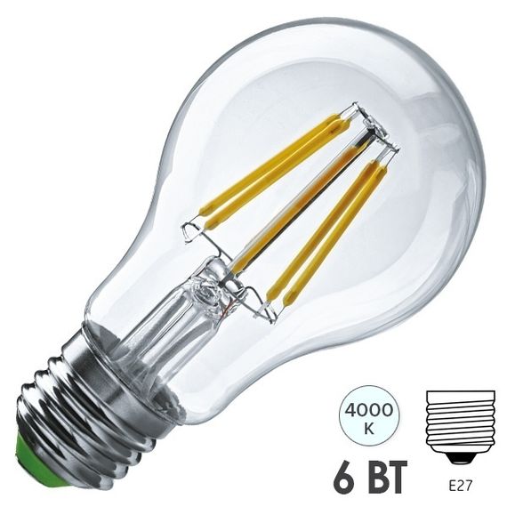 Лампа светодиодная Navigator A60F 220V Е27 6W 4000K Filament груша 28758