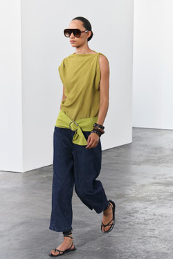 ZARA ТОП АСИММЕТРИЧНОГО КРОЯ В СТИЛЕ РУСТИК, СВЕТЛО-ОЛИВКОВЫЙ