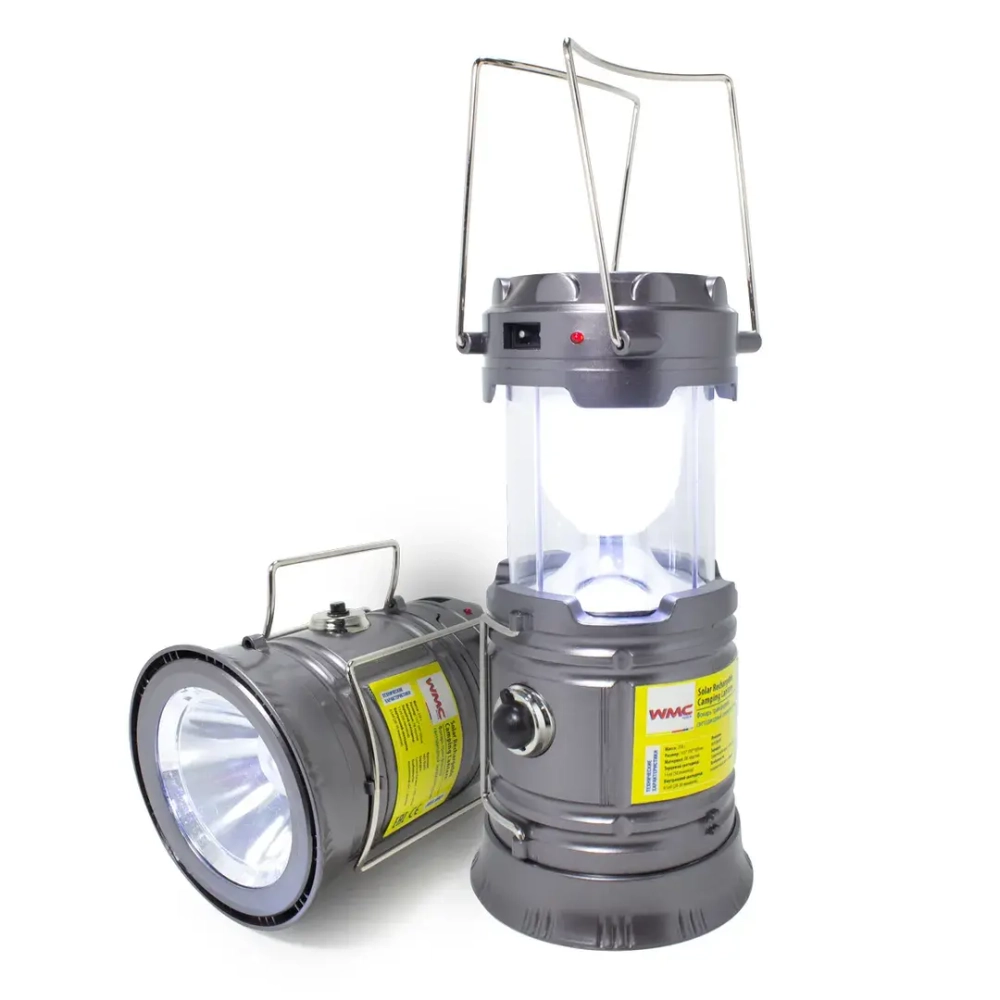 Фонарь-трансформер светодиодный аккумуляторный (торц.свет:1LED/50LUM,бок.свет:6LED/30LUM,заряд:солн.батарея, кабель 220V/USB,t заряд.3-5ч,серый) WMC TOOLS WMC-JBEL9901