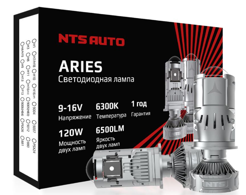 Автолампа LED  МИНИ Н 4 к-т (вентилятор) NTS ARIES LENS 120W 6300K 6500LM CANBUS 9-16V ARIES-H4-120W
