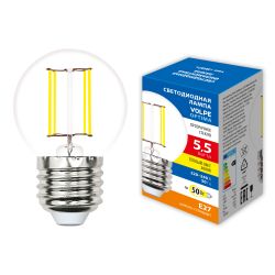 LED-G45-5.5W-3000K-E27-CL-SLF Лампа светодиодная. Форма шар. прозрачная. Теплый белый свет 3000K. ТМ Volpe