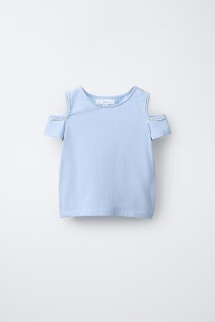 ZARA ФУТБОЛКА С ЖЕМЧУЖИНАМИ, ГОЛУБОЙ