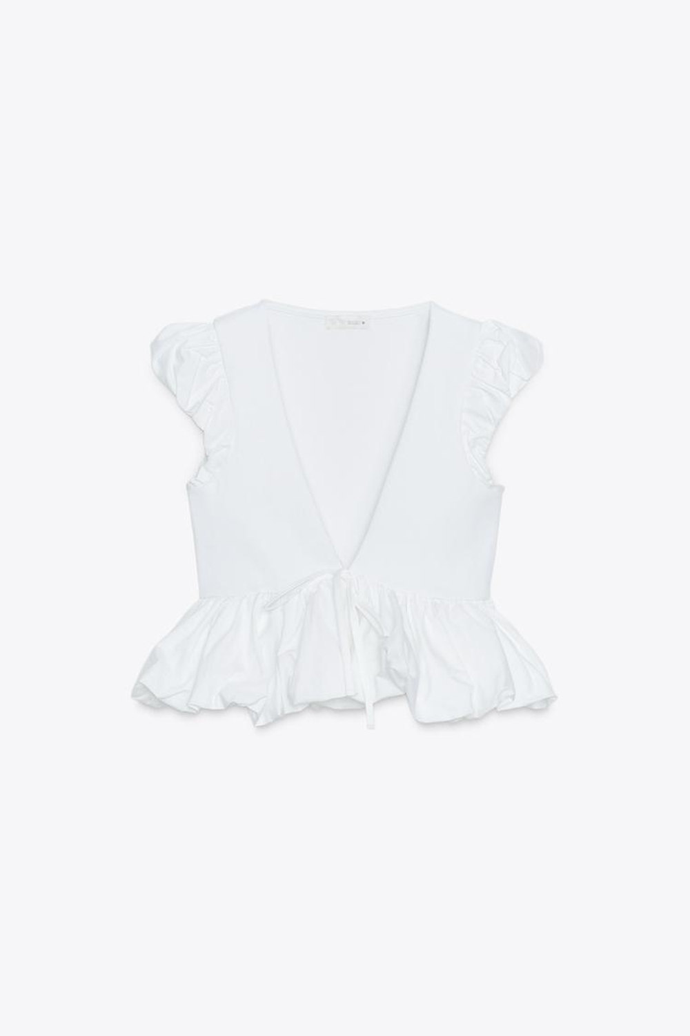 ZARA КОМБИНИРОВАННАЯ ФУТБОЛКА С БАНТОМ, БЕЛЫЙ