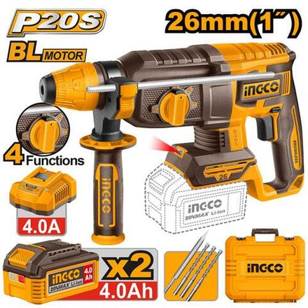 Аккумуляторный бесщеточный перфоратор SDS-Plus INGCO CRHLI262085 INDUSTRIAL 20 В 2.5 Дж 2x4 Ач