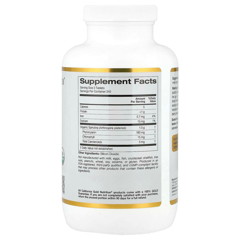 California Gold Nutrition, органическая спирулина с фикоцианином, хлорофиллом и каротиноидами, 720 таблеток (500 мг в 1 таблетке)