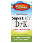 Carlson, Super Daily® D3 + K2, 50 мкг (2000 МЕ) и 45 мкг, 2,54 мл (0,086 жидк. Унции)