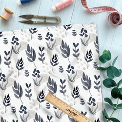 Ткань ниагара чёрные акварельные листья на белом фоне