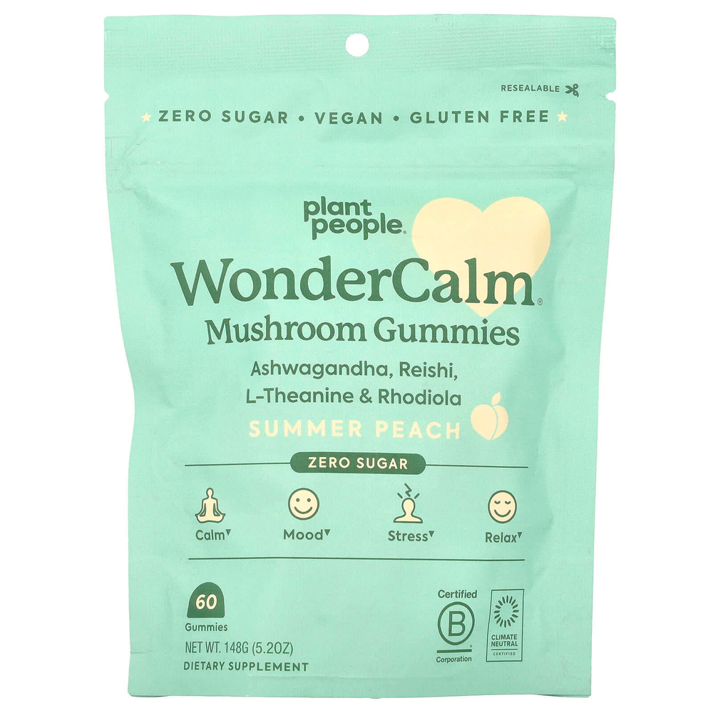 Plant People, WonderCalm®, жевательные мармеладки с грибами, летний персик, 60 жевательных таблеток