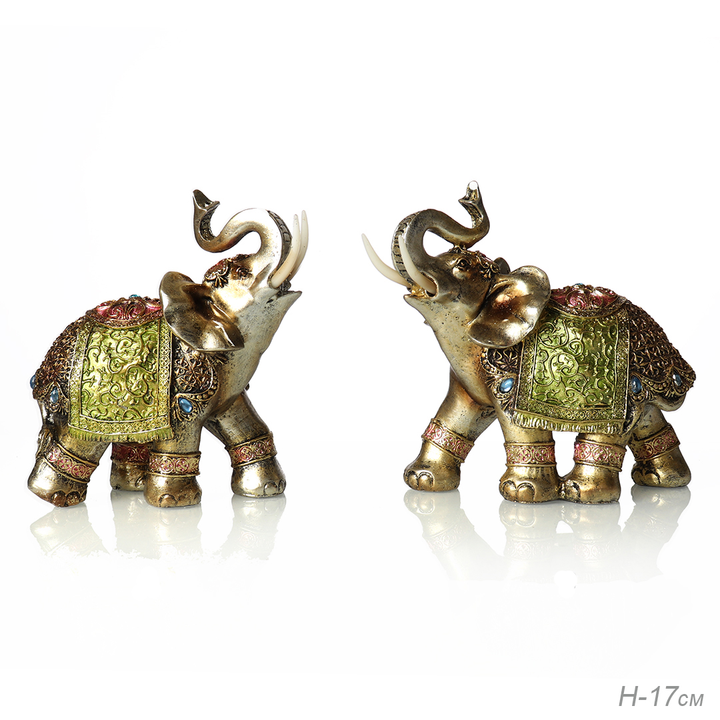 Статуэтка Слон взгляд вправо кристалл капли голубые попона зелено-розовая с блестками цвет золотистый 15 см