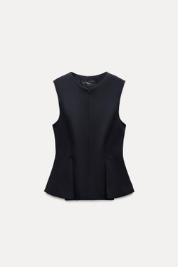 ZARA ТОП С БАСКОЙ И ЗАЩИПАМИ, МОРСКОЙ СИНИЙ