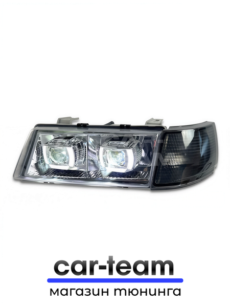 Фары ВАЗ 2110, 2111, 2112 передние с белыми галочками в стиле BMW ver 2.0 c Bi LED модулями, хром маска, тонированные поворотники