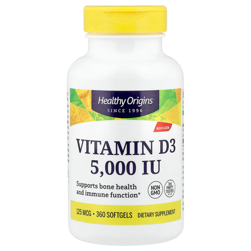 Healthy Origins, витамин D3, 125 мкг (5000 МЕ), 360 капсул
