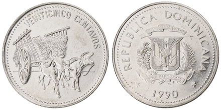 Доминикана 25 сентаво, 1990 Быки XF