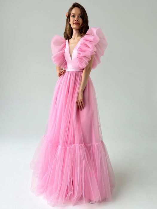 Нарядное выпускное платье с воланами (розовый)