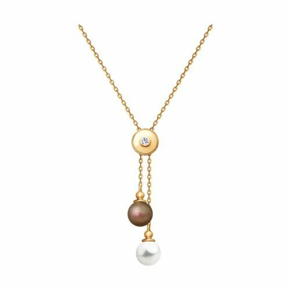 Колье из золочёного серебра с белым и коричневым жемчугом Swarovski и фианитом