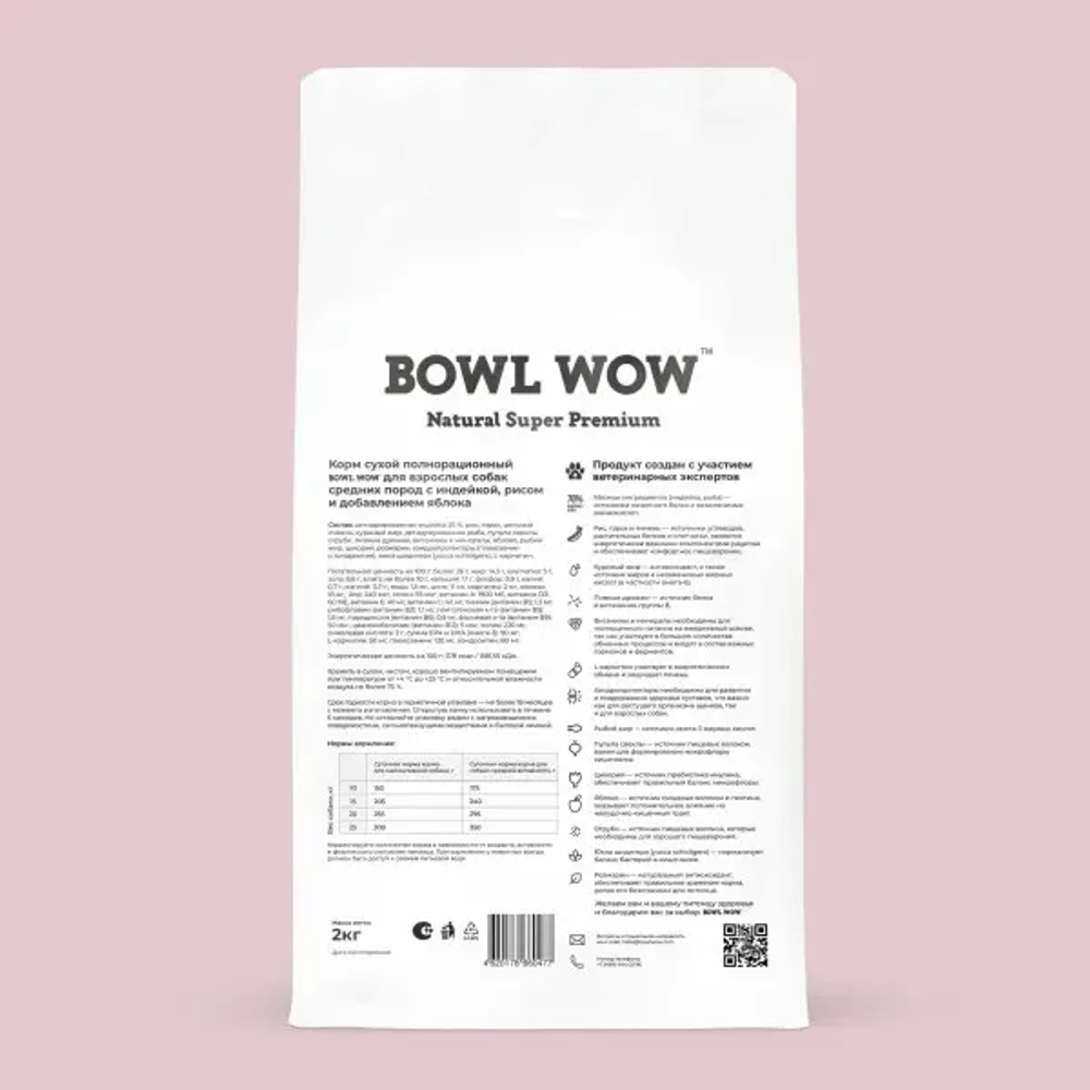 Bowl wow корм сухой для взрослых собак средних пород: индейка, рис, яблоко
