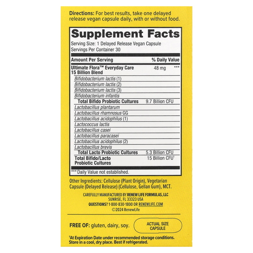 Renew Life, Ultimate Flora™, пробиотик Ultimate Flora™, 15 млрд КОЕ, 30 веганских капсул с отсроченным высвобождением