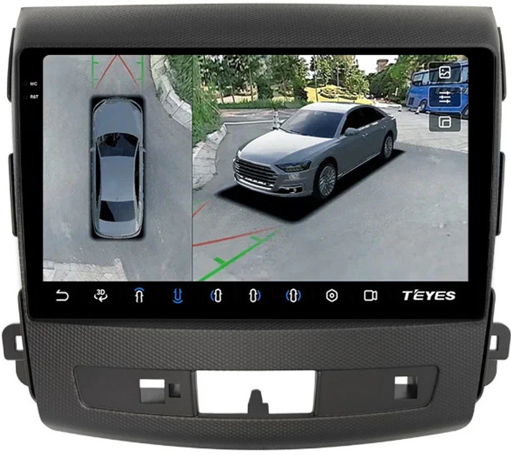 Магнитола для Mitsubishi Outlander XL, Peugeot 4007, Citroen C-Crosser (перфорированная рамка) - Teyes CC3-2K-360 на Android 10, 2K QLED, 6Гб+128Гб, CarPlay, 4G SIM-слот, 4 камеры в комплекте