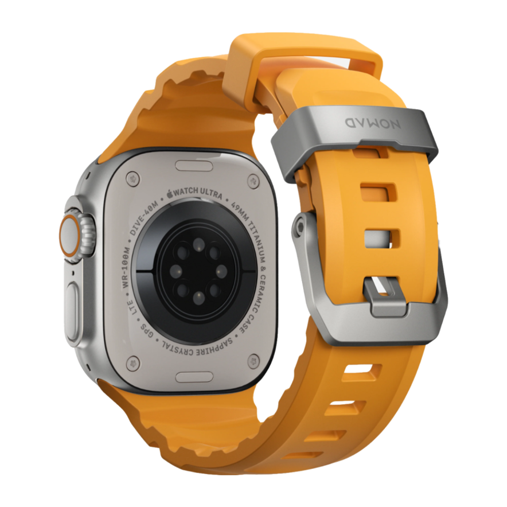 Спортивный ремешок Nomad Rocky Point Band для Apple Watch 44, 45, 46 мм и Ultra 2–3 Водостойкий ремешок из фторэластомера с классической застёжкой из титана 5-го класса. На запястье обхватом 145–195 мм