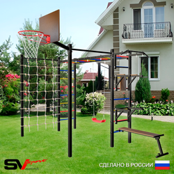 Уличная шведская стенка Sv Sport рукоход с комплектом турник прямой 2шт У5196К (Турник/Брусья/Стойка/Скамья/"Лодочка"/Щит баскет/Сетка)