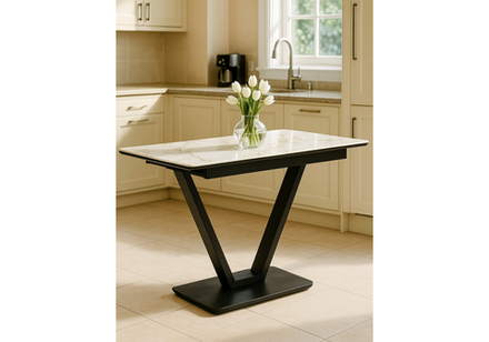 Керамический стол Woodville Бугун 120(160)х80х77 белый мрамор глянец, черный, ножки черные