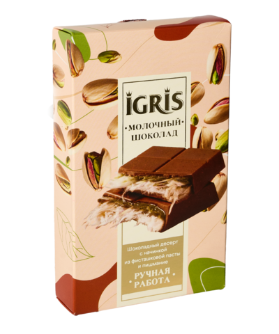 Шоколад молочный IGRIS с начинкой из фисташковой пасты и пишмание, 150г