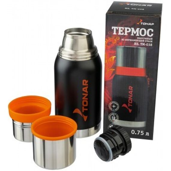 Термос TONAR 750ML HS.TM-038  черный (2 крышки-кружки)