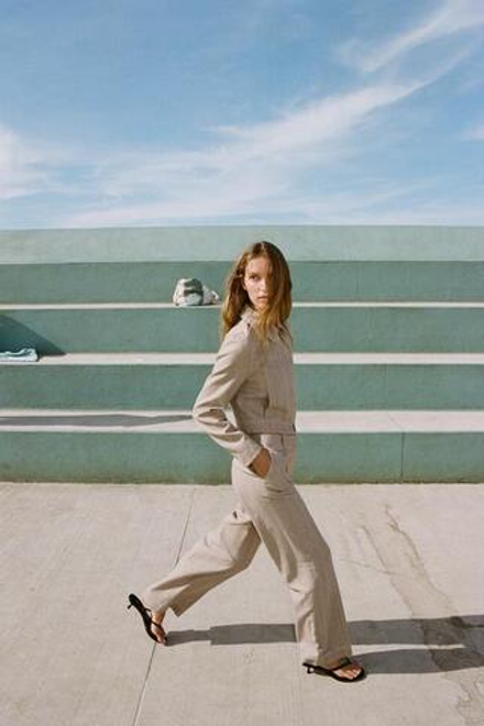 ZARA БРЮКИ ПРЯМЫЕ В ЕЛОЧКУ, ПЕСОЧНЫЙ