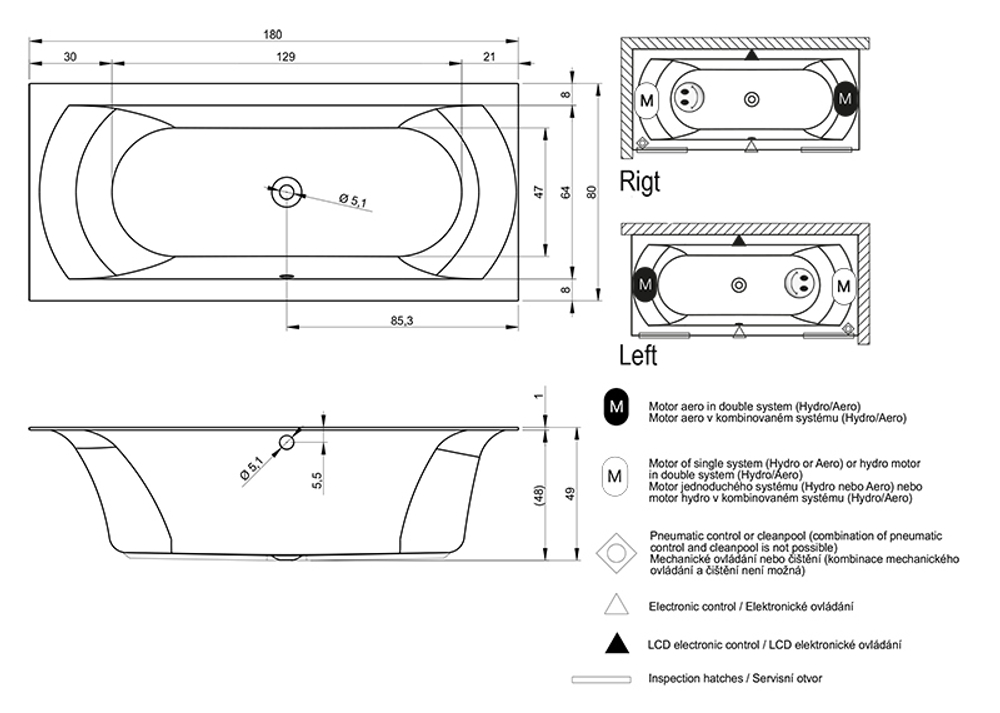 Акриловая ванна Riho LINARES R 180x80  (c тоник бортом)