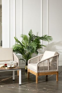 "Канны" лаунж-зона 4-местная из роупа со столиком "Канны" цвета "дуб", основание дуб, роуп бежевый