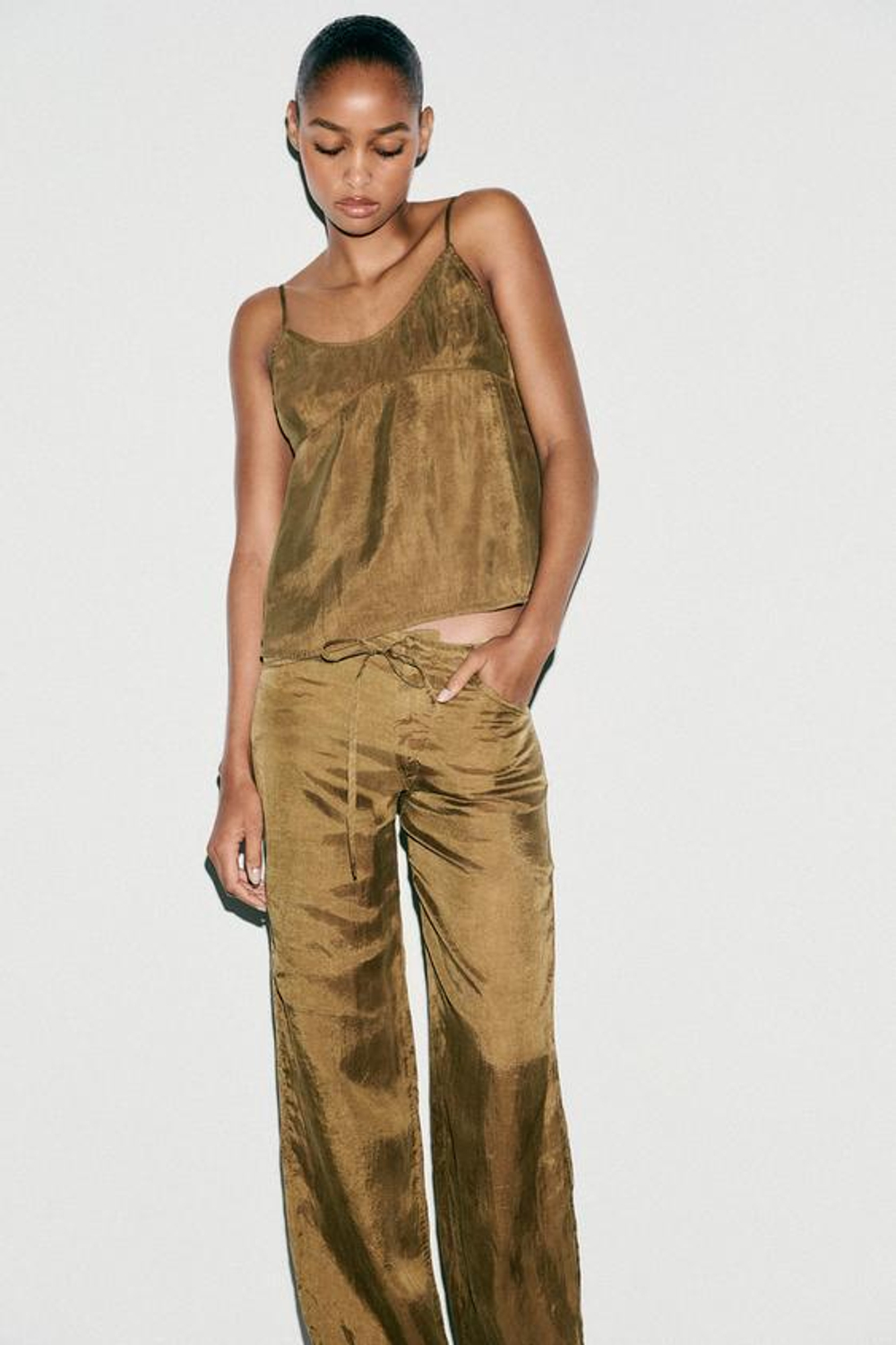 ZARA ПИЖАМНЫЕ БРЮКИ С ПОЯСОМ, СВЕТЛЫЙ ХАКИ