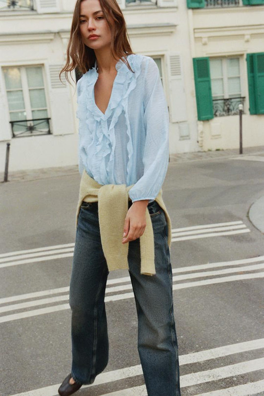 ZARA БЛУЗА С ВОЛАНАМИ, НЕБЕСНО-ГОЛУБОЙ