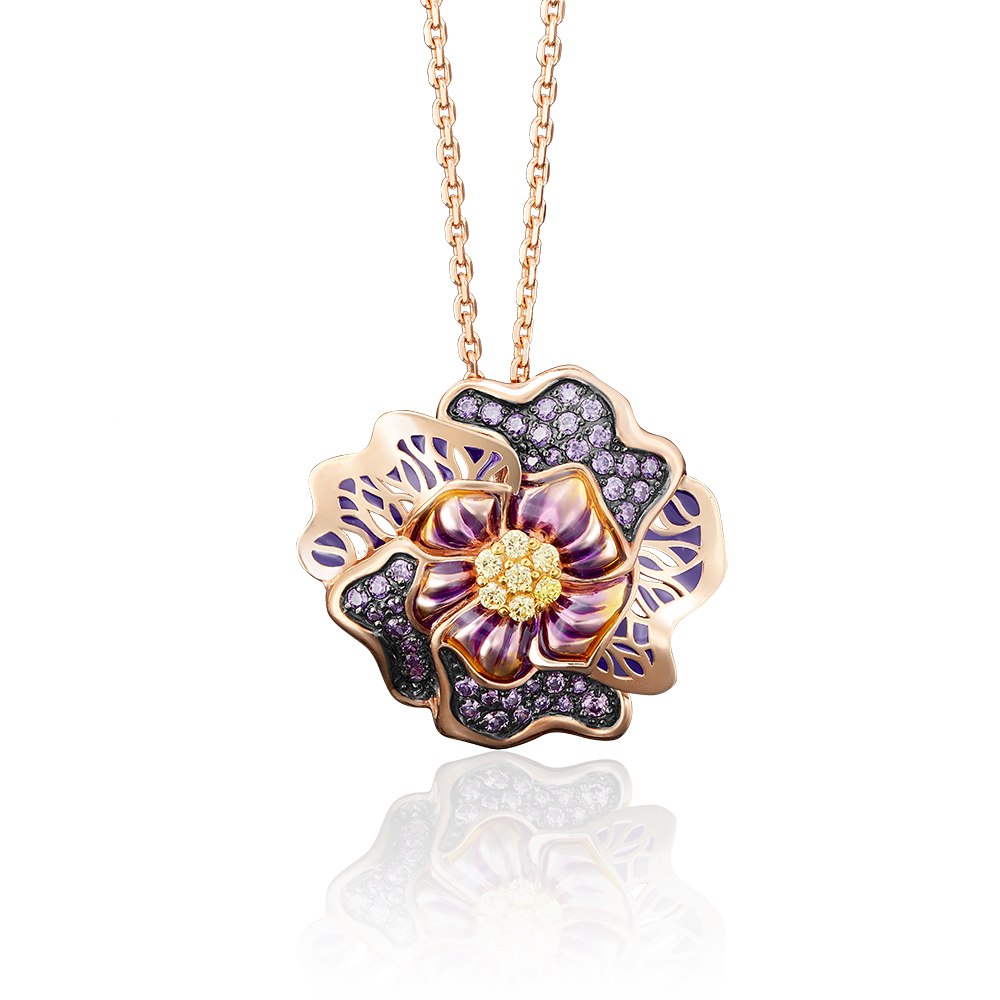 Подвеска «Гибискус» из красного золота с фианитами и эмалью