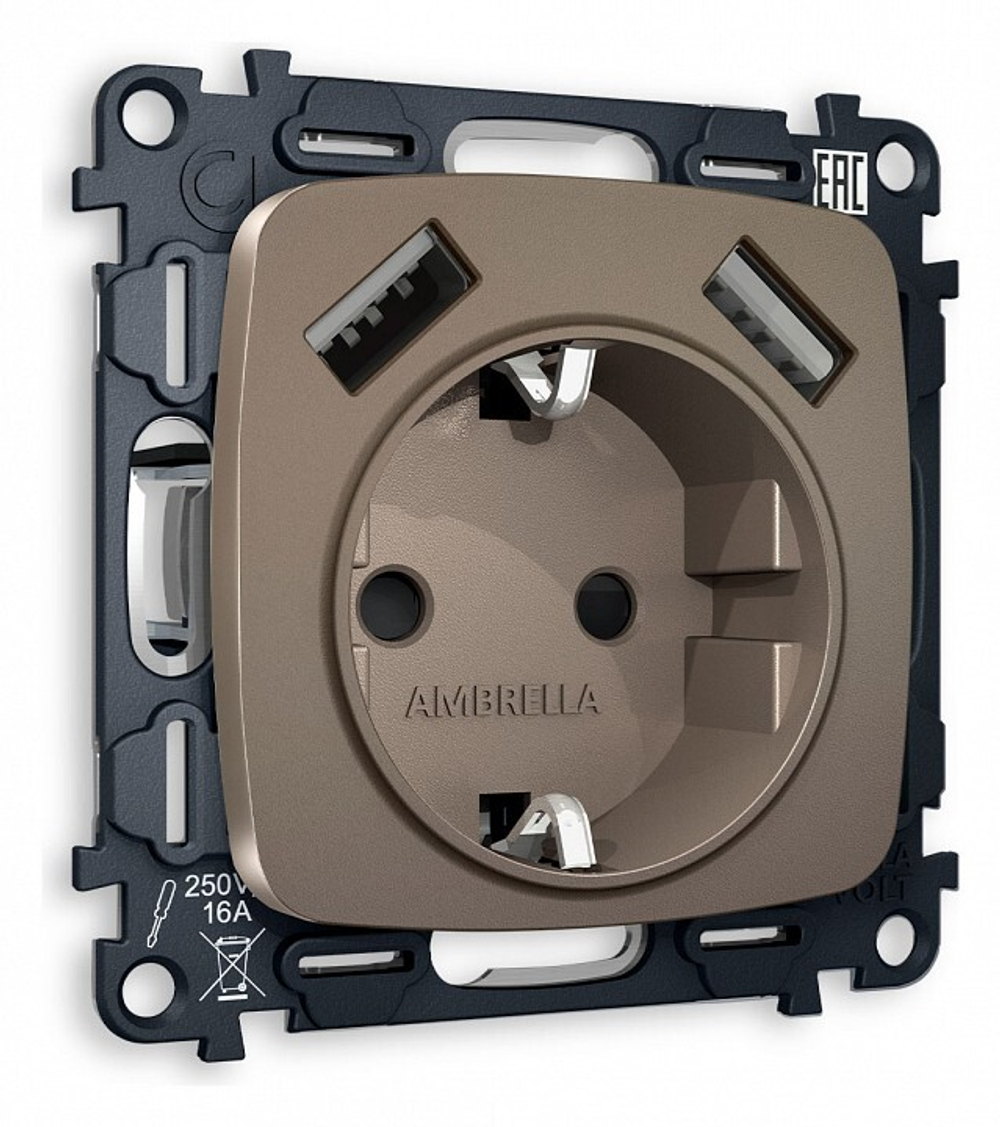 Розетка с заземлением и 2хUSB type A, без рамки Ambrella Volt Quant MO639010