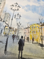 Картина авторская акварельная в паспарту 40х50 см на стену для интерьера "Школьная улица. Москва"