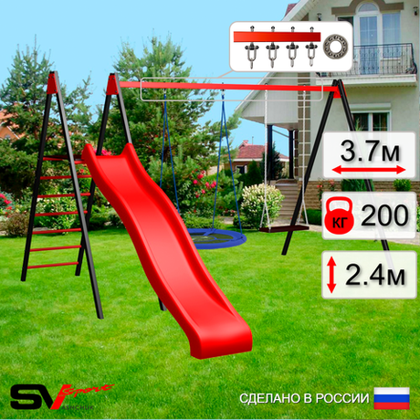 Уличные качели Sv Sport с горкой УК197П2 (3.7м/Гнездо Оксф. 100см/Деревянные/Подвесы на подш 2к)