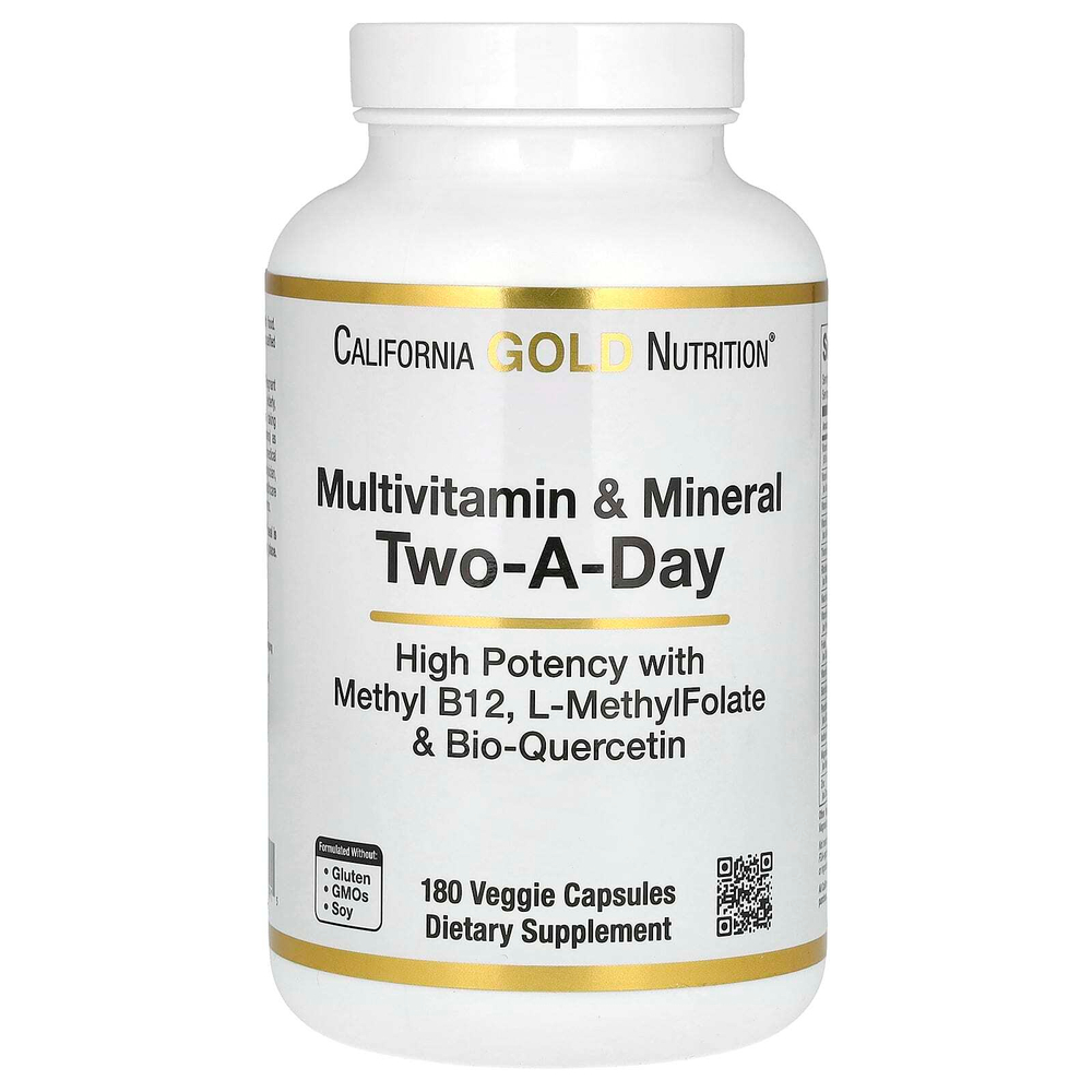 California Gold Nutrition, мультивитамины и минералы с метилом B12, витамином C, L-метилфолатом и биокверцетином, для приёма два раза в день, 180 растительных капсул