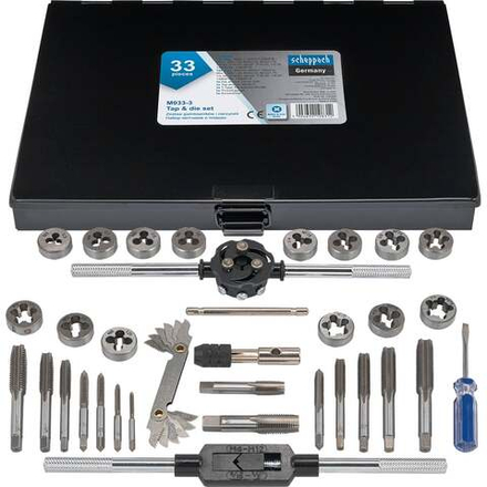Набор метчиков и плашек Scheppach 33 предмета (метрич+дюйм)(М3x0.5,М4x0.7,М5x0.8,М6x1.0,М8x1.25,М10x1.5,М12x1.75;1/4,5/16,3/8,7/16,1/2,1/8-28,1/4-19) Sch-M033-3(64903)