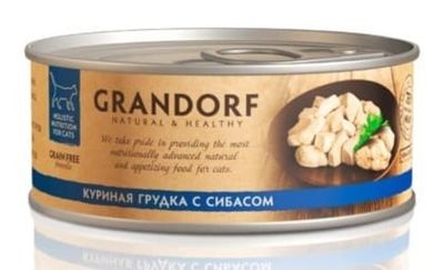 Влажный корм для кошек GRANDORF из куриной грудки с сибасом, банка 70г