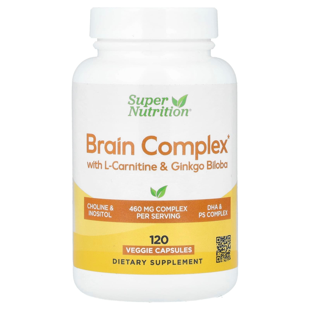Super Nutrition, комплекс для мозга с L-карнитином, гинкго билоба, фосфатидилсерином и холином, 120 вегетарианских капсул