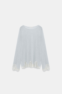 ZARA ТОП В СТИЛЕ РУСТИК С КРУЖЕВОМ, НЕОНОВЫЙ СИНИЙ