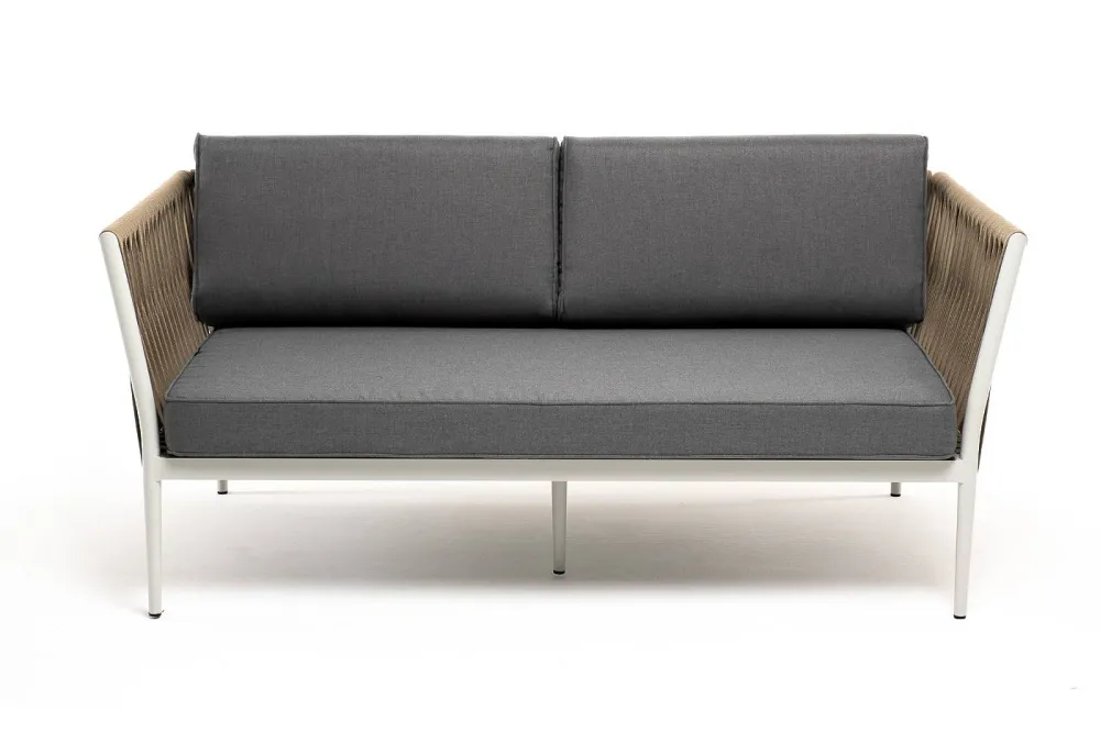 "Касабланка" диван 2-местный плетеный из роупа, каркас алюминий светло-серый (RAL7035) муар, роуп серо-коричневый 23мм, ткань серая 017