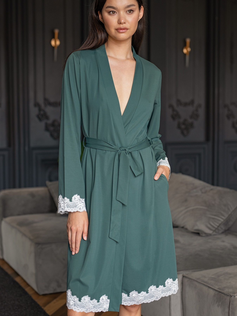 Женский домашний халат длины миди (Размер: XXL) (Цвет: зеленый)