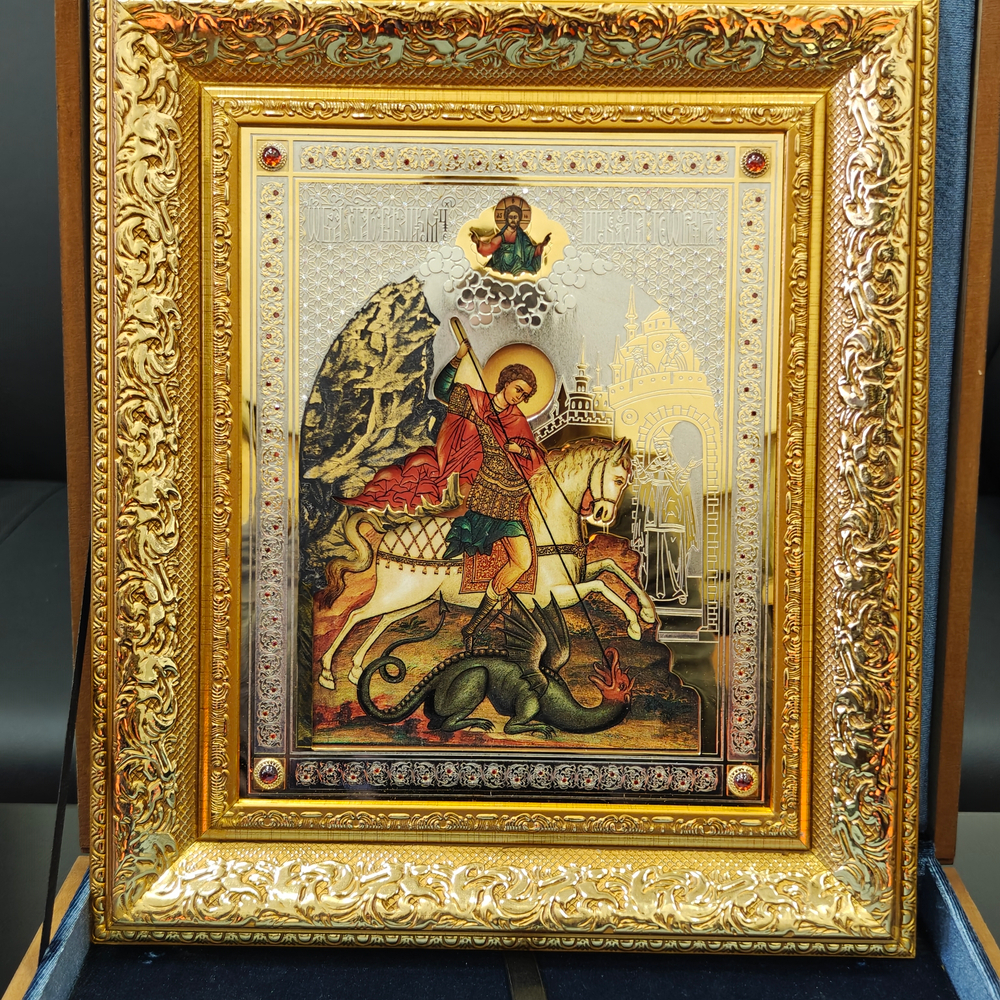 Икона Георгий Победоносец (Златоустовская гравюра) в подарочном футляре