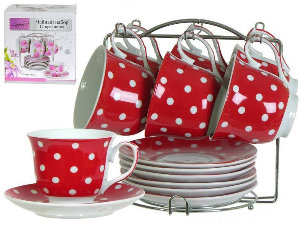 Чайный набор 12 предметов 230мл на подставке "Красный горох" (51532)